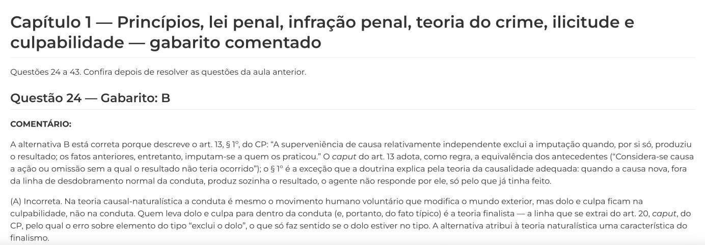 Tela do gabarito comentado da Questão 24: gabarito B, com o comentário da alternativa certa e da alternativa A.